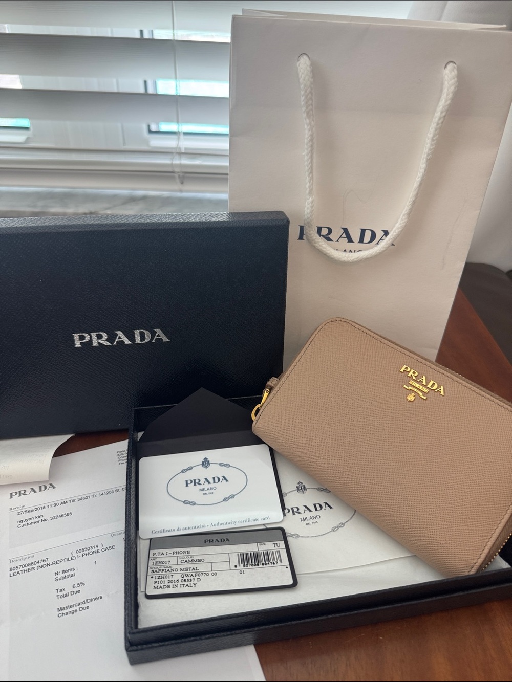 Prada Cream Saffiano Zip Wallet with Gold Logo